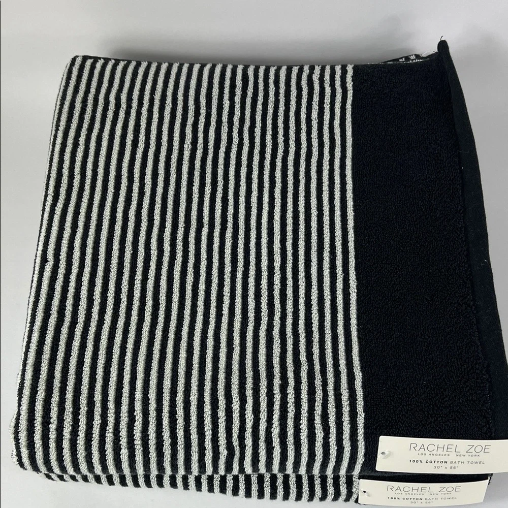 Rachel Zoe Bath Towels Black Cream Striped Plush Luxury 100% Cotton Set of 2 NEW